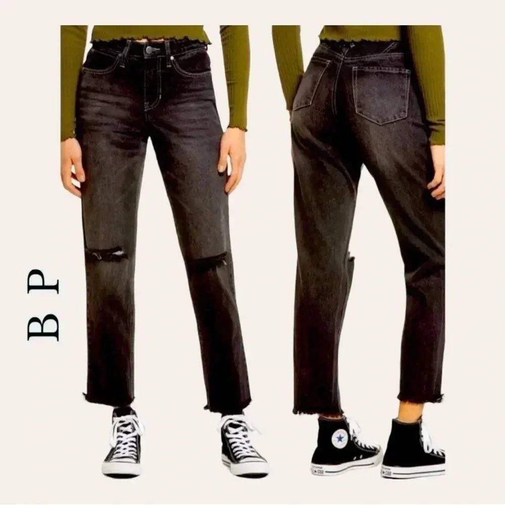 0820. BP MOM JEAN BLACK DENIM JEANS NWT SIZE 25 FACTORY DISTRESSED RAW HEM NWT